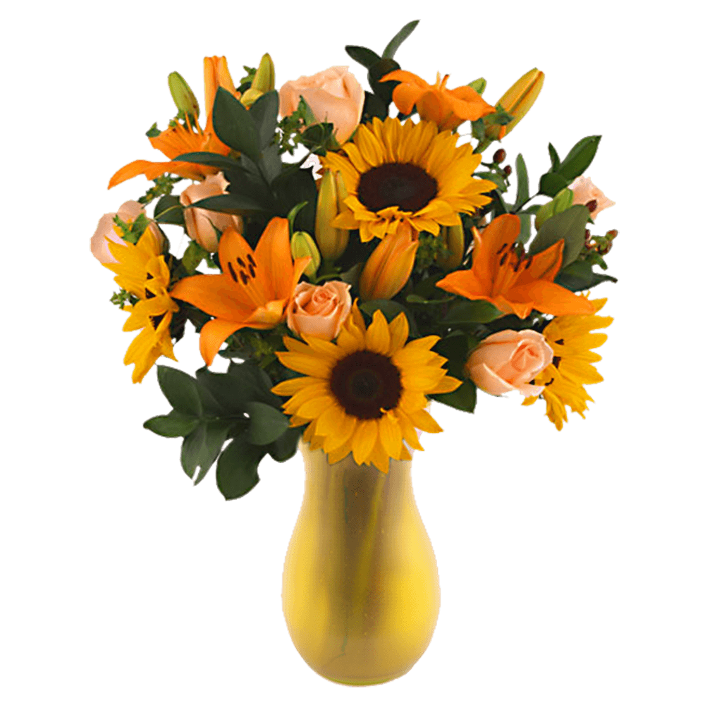 Fresh Bouquet Flowers in Vase Roses Sunflowers Lilies