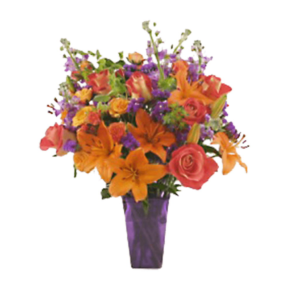 Orange Roses Asiatic Lilies Bouquet Flowers With Vase