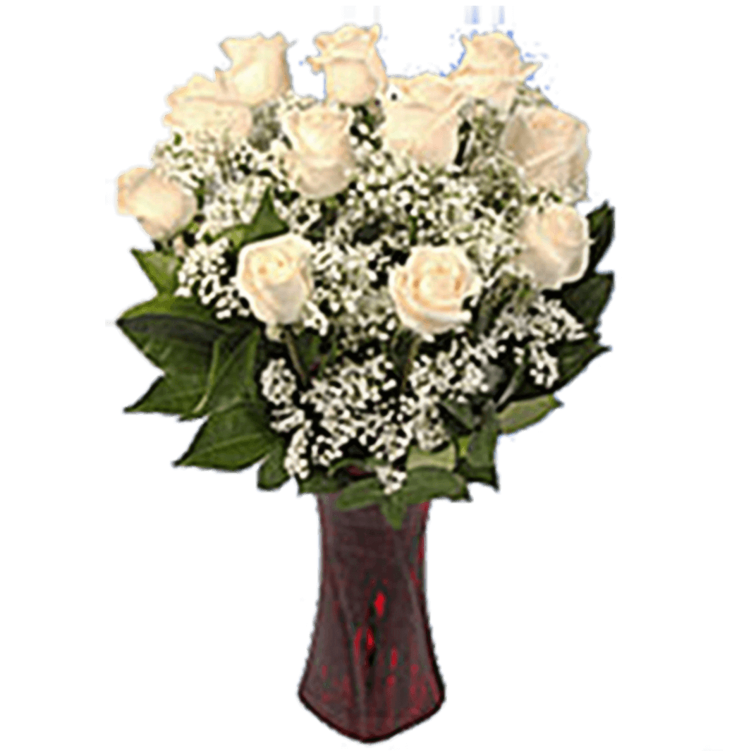Valentine's Day Bouquet Sweetest Day 12 White/Cream Roses Arrangement With Vase a total of 18 flowers