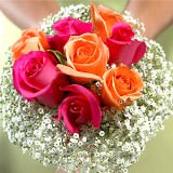 Hot Pink & Orange Bridesmaids Bouquets with Roses & Baby's Breath