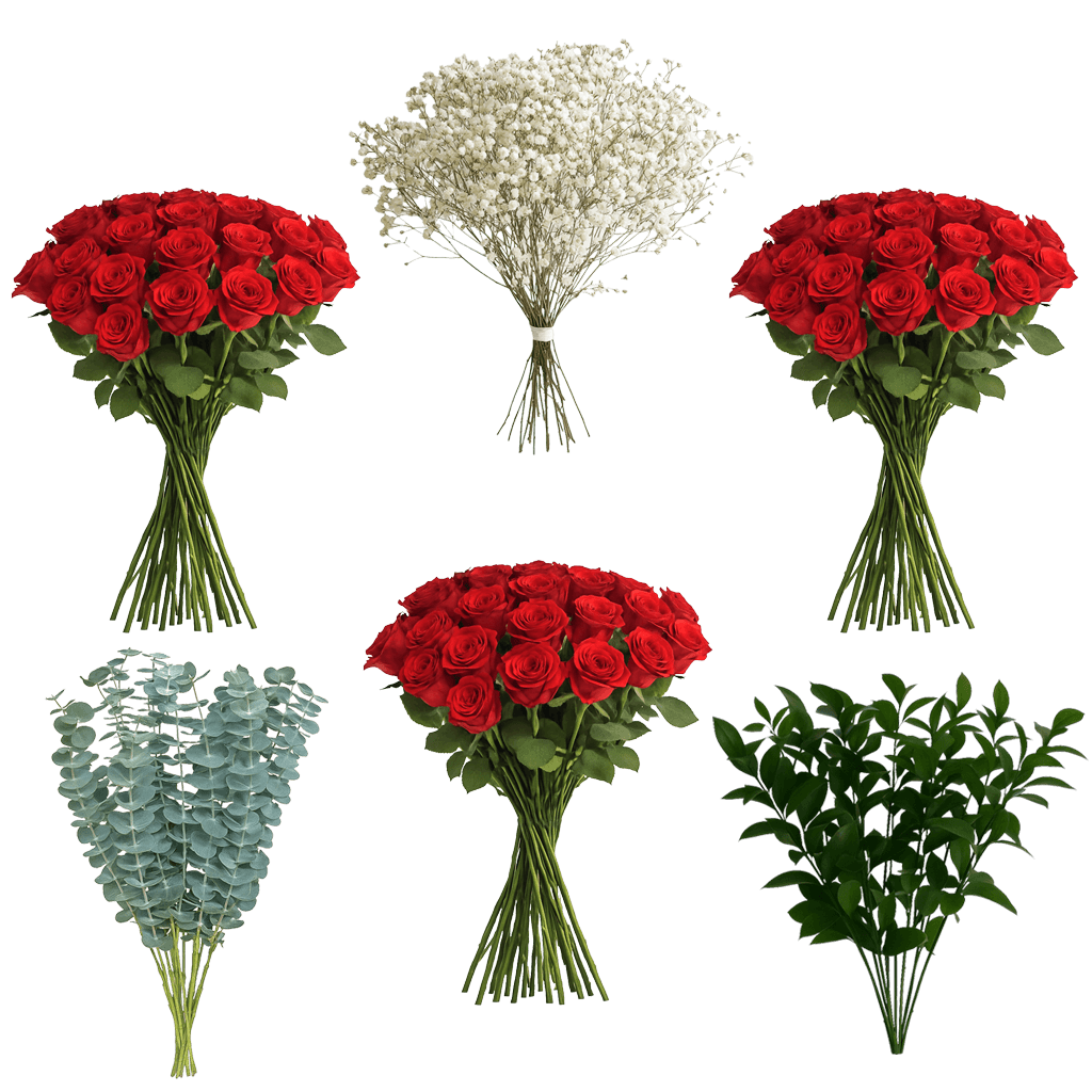 75 Next-Day Red Roses with Ruscus, Eucalyptus & Baby's Breath | GlobalRose Wholesale Flowers