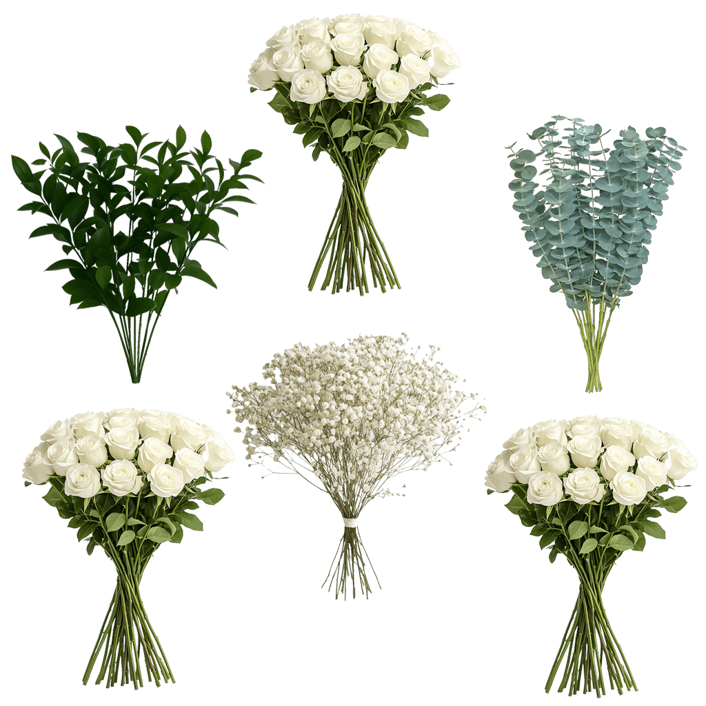 75 Next-Day White Roses with Ruscus, Eucalyptus & Baby's Breath | GlobalRose Wholesale Flowers