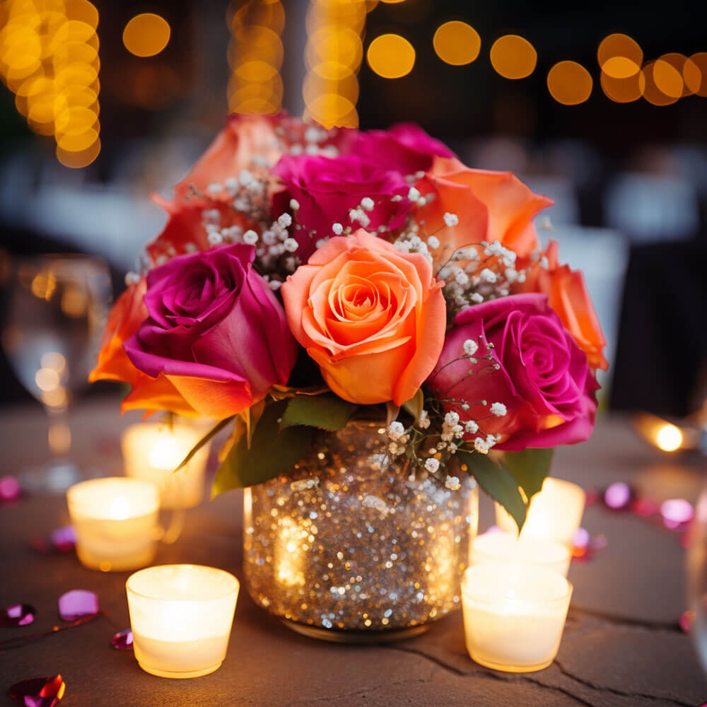 (2BDx20) CP Classic Dark Pink and Orange Roses 12 Centerpieces
