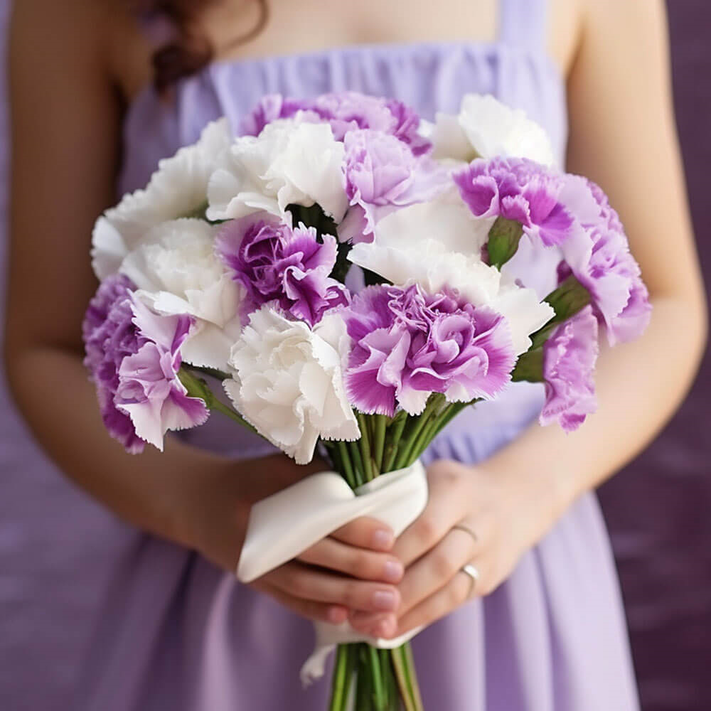 (BDx10) 3 Bridesmaids Bqt Purple and White Carnations For Delivery to Clinton, Iowa