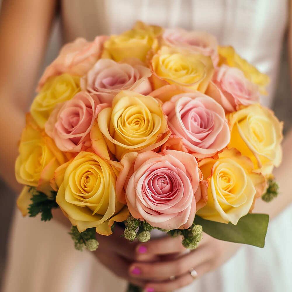 (BDx10) 3 Bridesmaids Bqt Romantic Pink and Yellow Roses