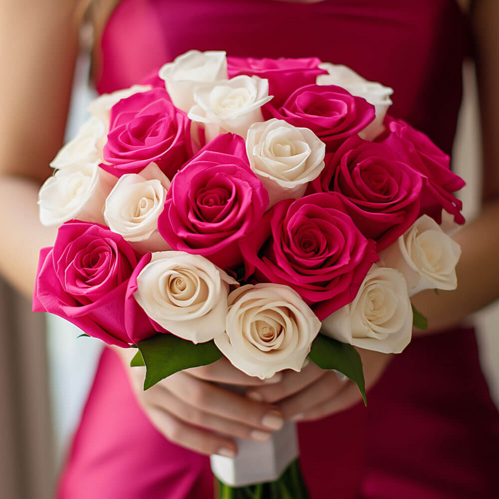 (BDx20) Royal Dark Pink and White Roses 6 Bridesmaids Bqts For Delivery to San_Marcos, Texas