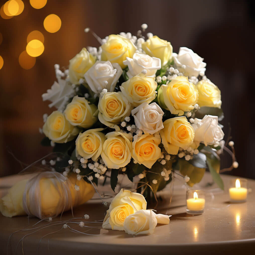 (BDx10) Classic White and Yellow Roses Table Centerpiece