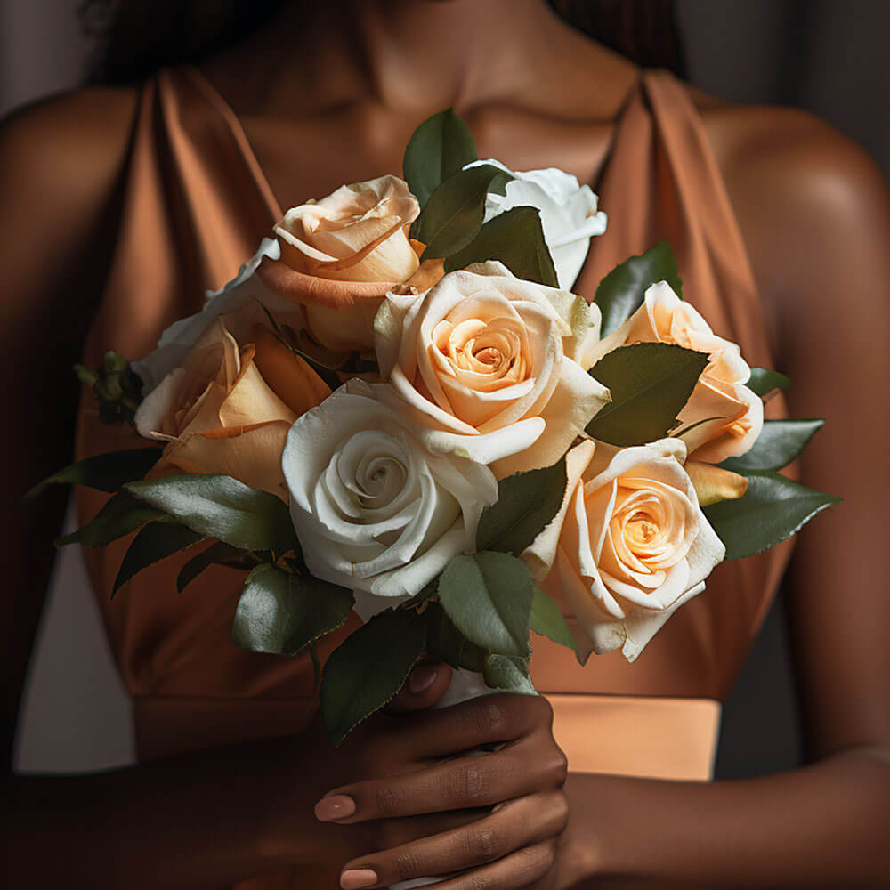 (BDx10) 3 Bridesmaids Bqt Royal Peach and White Roses