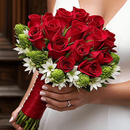 Bridal Bouquet with Red Roses & Star of Bethlehem Flowers