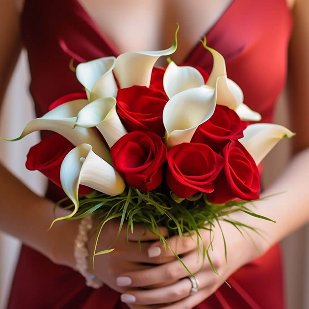 (BDx20) Red Roses and White Calla Lilies 6 Bridesmaids Bqts For Delivery to Fremont, Nebraska