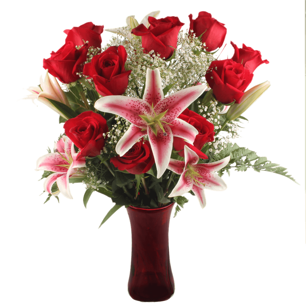 Buy Roses For Valentines Day Red Roses Lilies Gypsophila