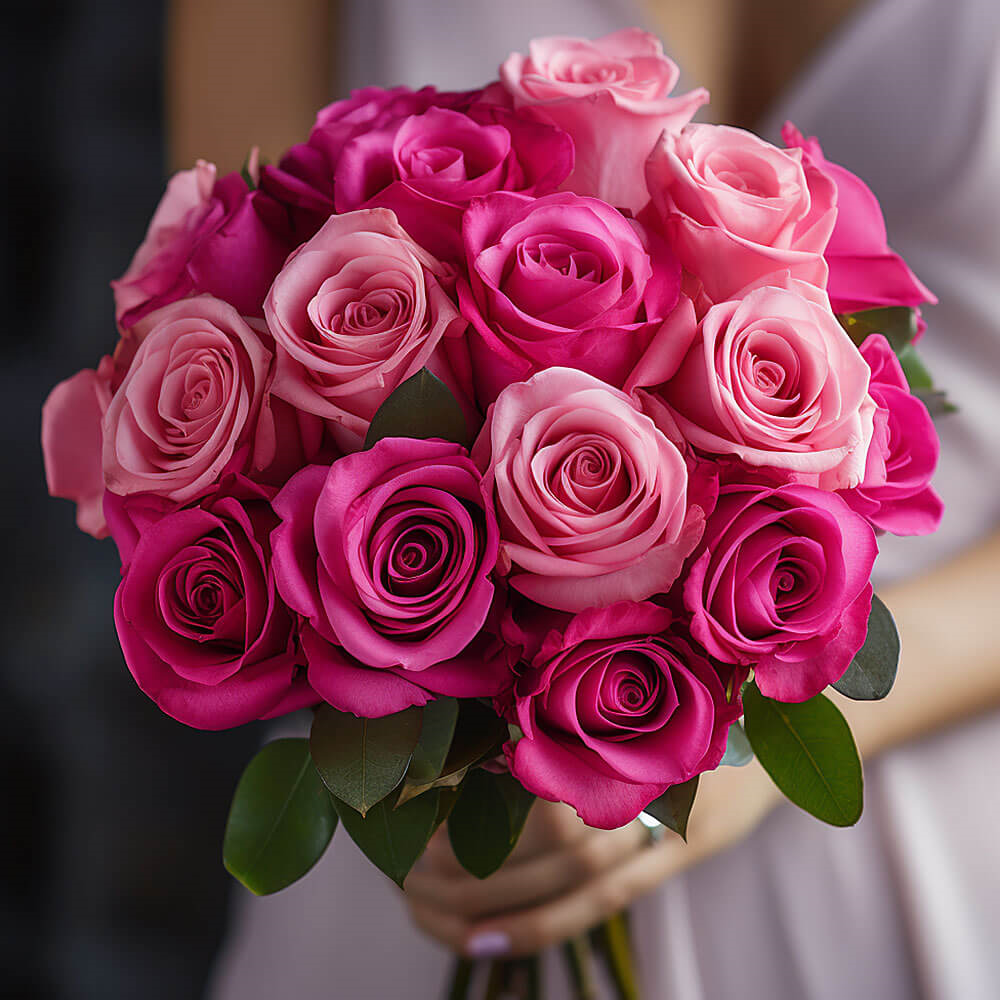 (DUO) Bridal Bqt Royal Dark Pink and Light Pink Roses For Delivery to Ontario, California