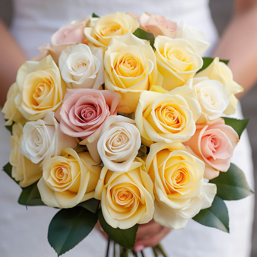(DUO) Bridal Bqt Royal Yellow Light Pink and White Roses For Delivery to Holyoke, Massachusetts