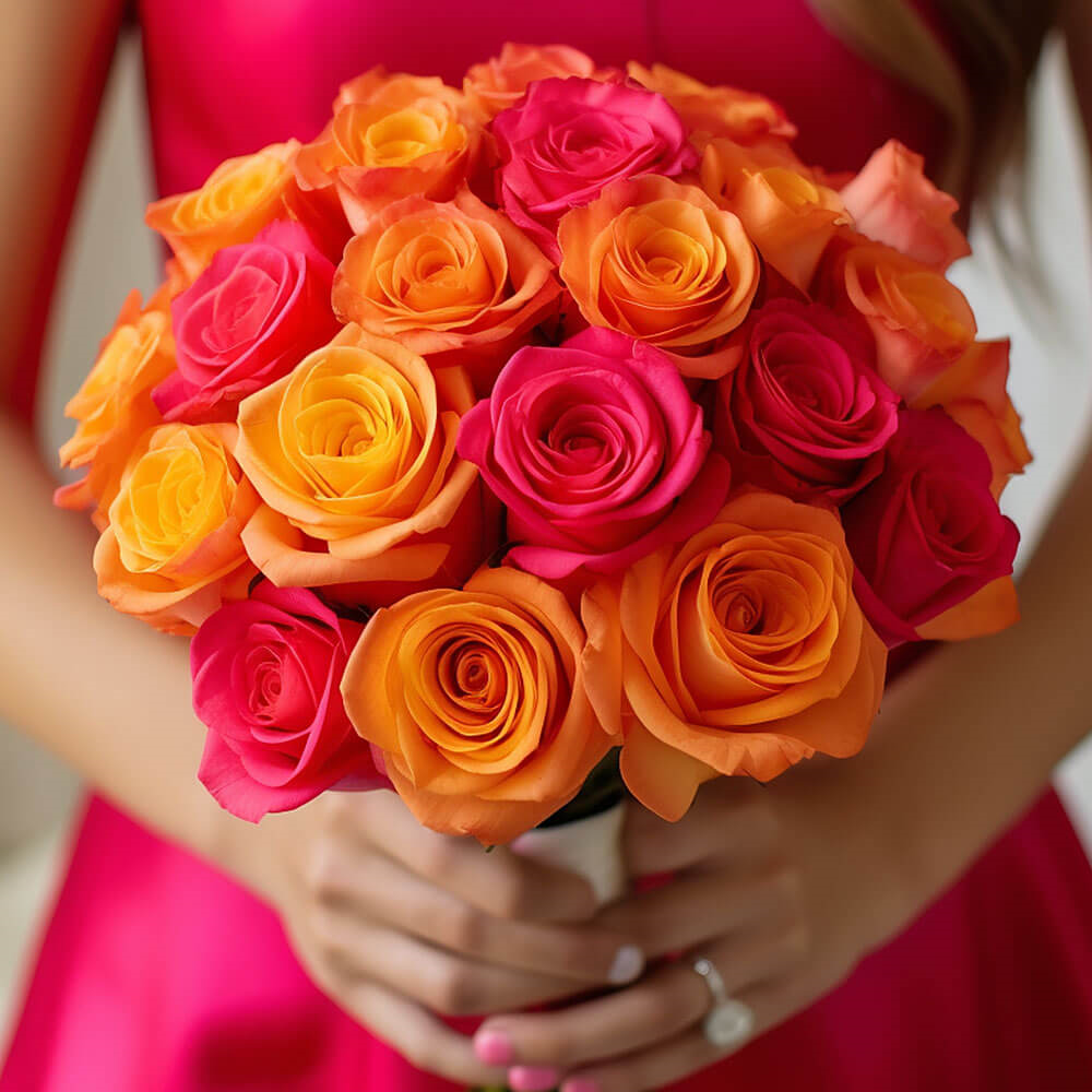 (BDx10) 3 Bridesmaids Bqt Royal Dark Pink and Orange Roses For Delivery to Norfolk, Virginia