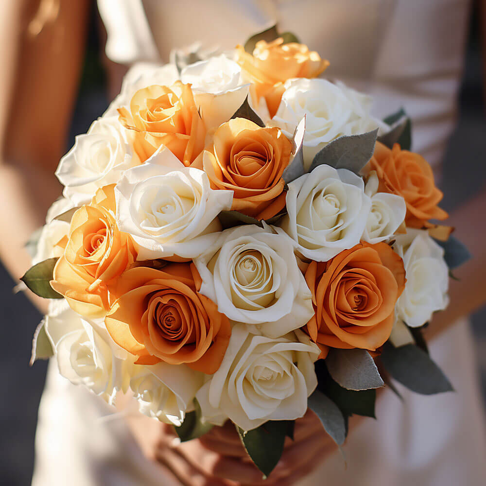 (BDx20) Royal Orange and White Roses 6 Bridesmaids Bqts