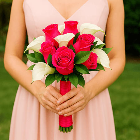 Bridesmaids Bouquets Dark Pink Roses & White Calla Lilies