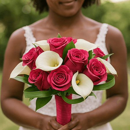 Calla Lilies & Dark Pink Roses Bridal Bouquet