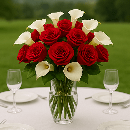 Wedding Table Centerpieces with Red Roses & Calla Lilies