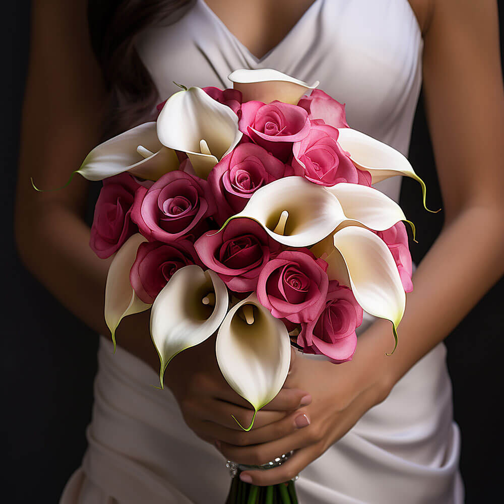 (BDx20) Dark Pink Roses and White Calla Lilies 6 Bridesmaids Bqts