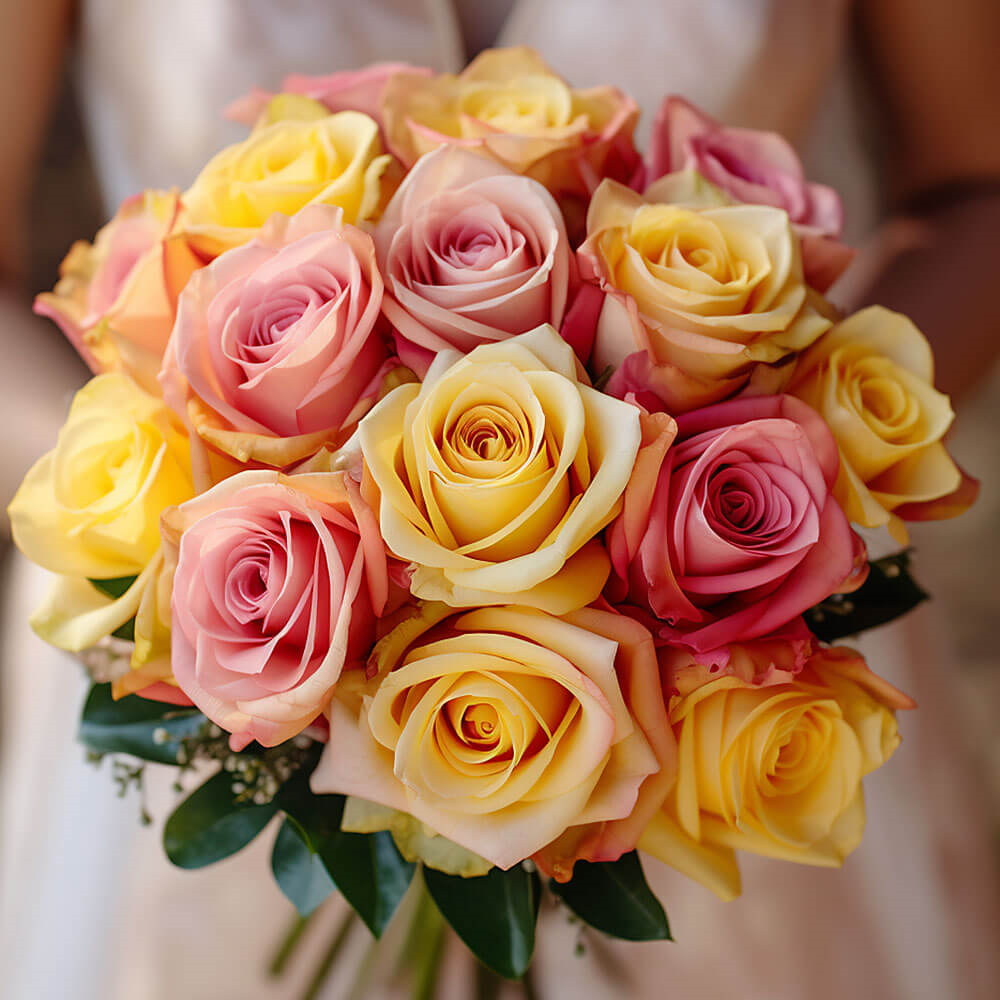 (DUO) Bridal Bqt Romantic Yellow and Light Pink Roses For Delivery to Bristol, Rhode_Island