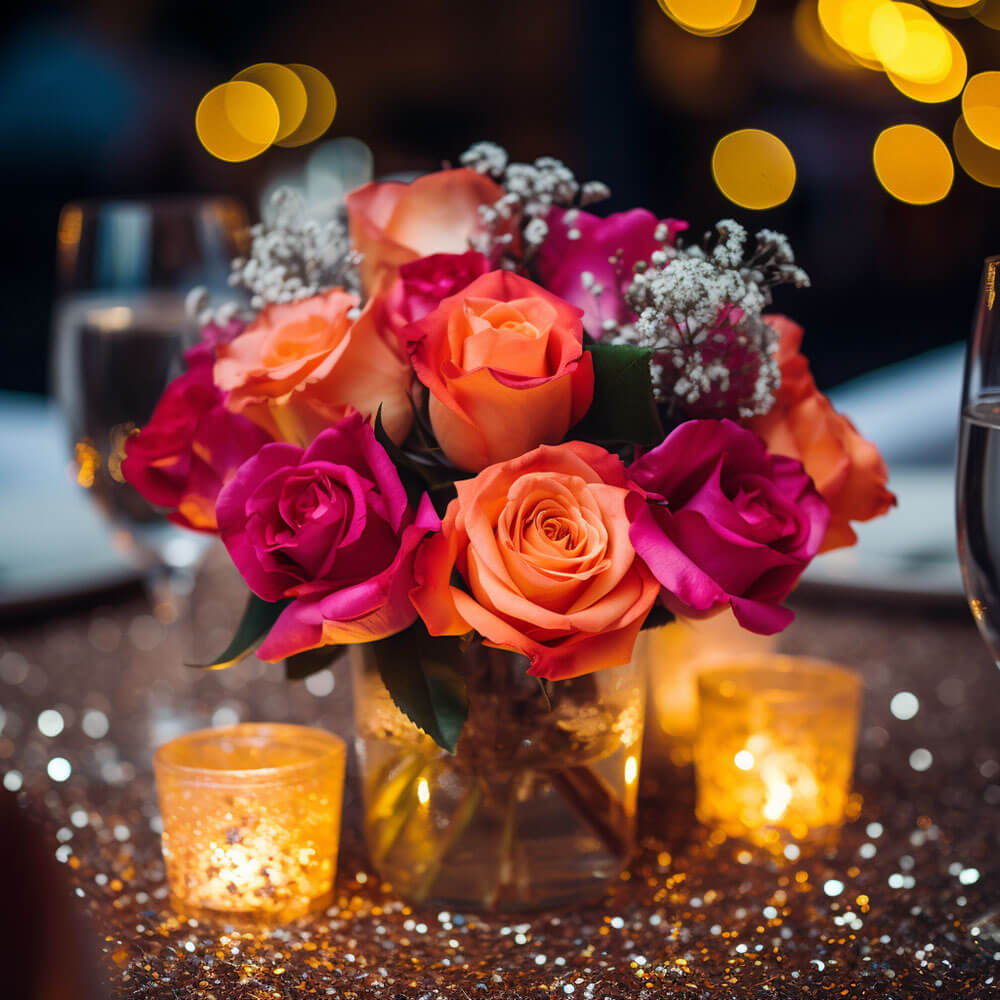 (BDx20)CP Classic Dark Pink and Orange Roses 6 Centerpieces