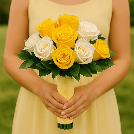 6 Yellow & White Roses Bridesmaids Bouquets