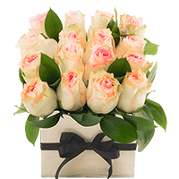 16 Elegant Premium Light Pink Roses, 8 Fresh Green Ruscus and a Ribbon Tuxedo