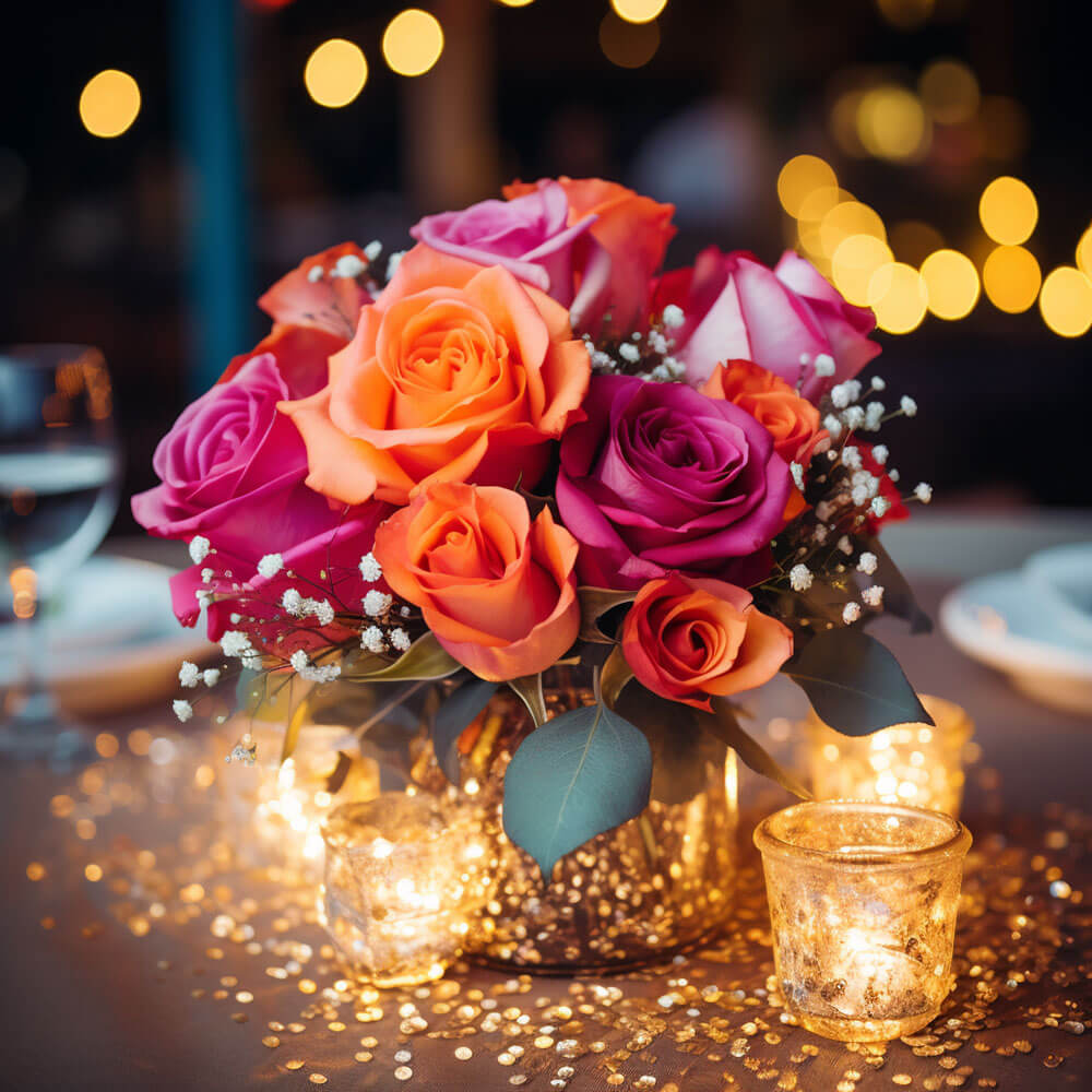 (BDx10) Classic Dark Pink and Orange Roses Table Centerpiece