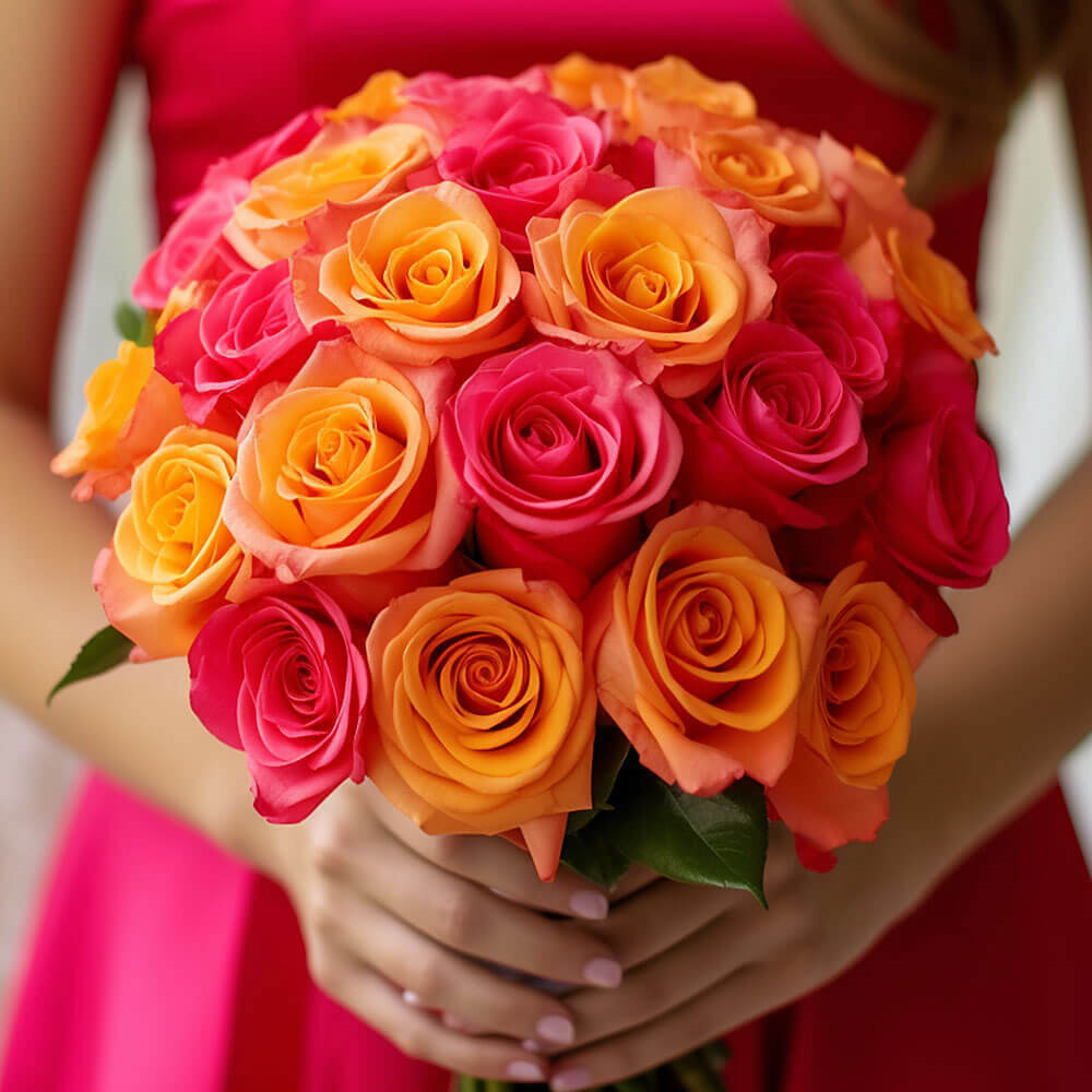 (DUO) Bridal Bqt Romantic Dark Pink and Orange Roses For Delivery to Minnetonka, Minnesota