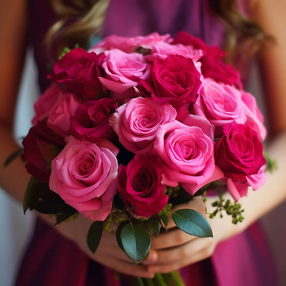 (BDx10) 3 Bridesmaids Bqt Romantic Dark Pink and Light Pink Roses For Delivery to Van_Buren, Arkansas