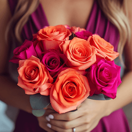 Dark Pink & Orange Roses Bridesmaids Bouquets