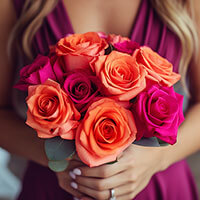 (BDx20) Romantic Dark Pink and Orange Roses 6 Bridesmaids Bqts For Delivery to Daly_City, California