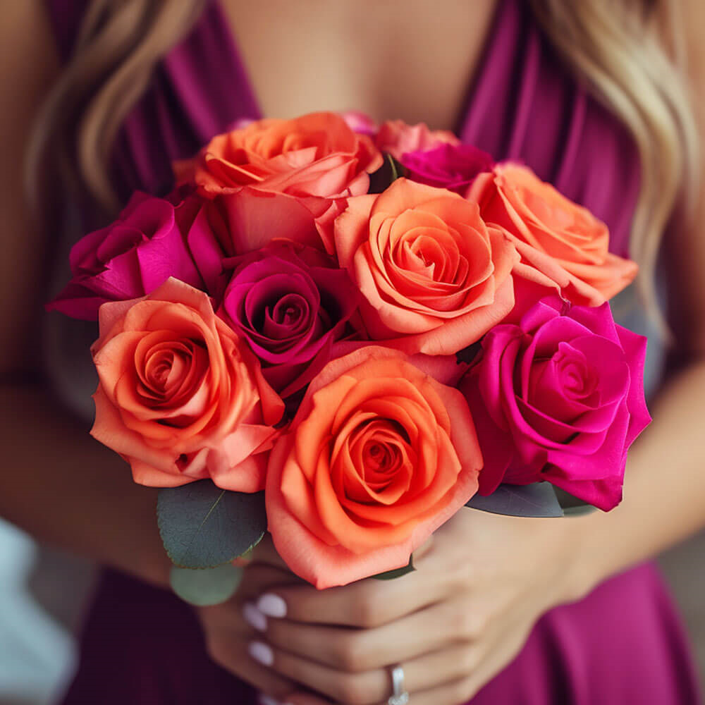 (BDx10) 3 Bridesmaids Bqt Romantic Dark Pink and Orange Roses For Delivery to Spring_Hill, Florida