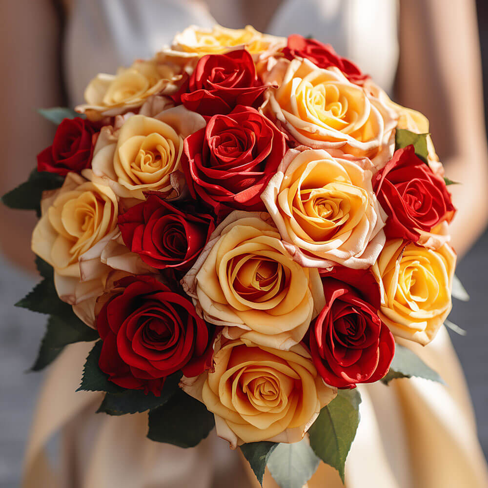 (BDx10) 3 Bridesmaids Bqt Royal Red and Yellow Roses