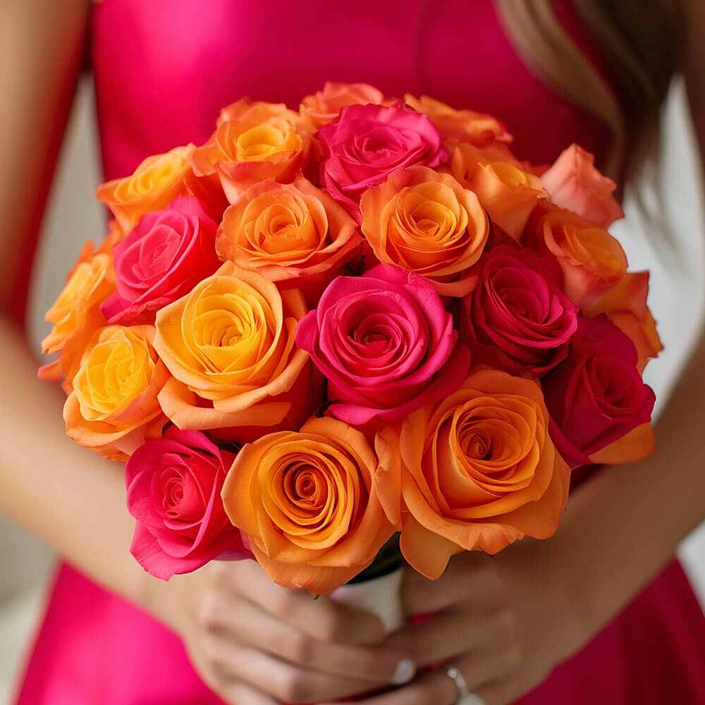 (BDx20) Royal Dark Pink and Orange Roses 6 Bridesmaids Bqts For Delivery to Titusville, Florida