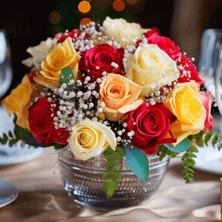 Wedding Centerpieces of Assorted Color Roses & Baby's Breath