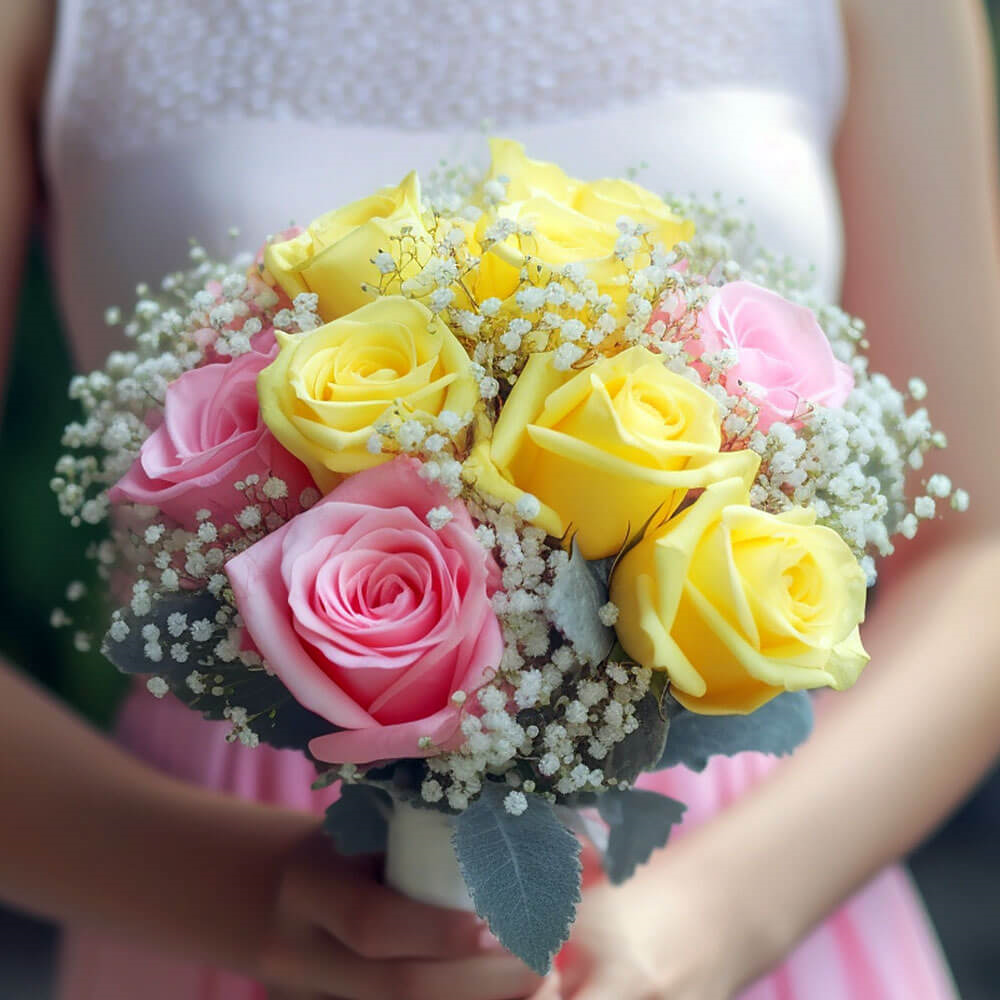 (BDx20) Classic Yellow and Pink Roses 6 Bridesmaids Bqts For Delivery to Durant, Oklahoma