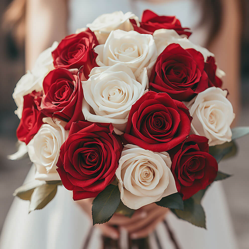 (DUO) Bridal Bqt Royal Red and White Roses For Delivery to Gresham, Oregon