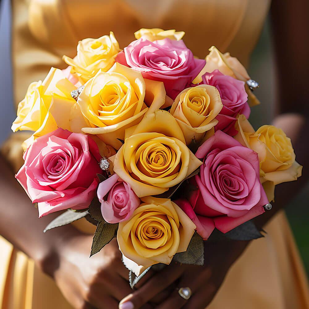 (DUO) Bridal Bqt Royal Yellow and Light Pink Roses For Delivery to Bentonville, Arkansas