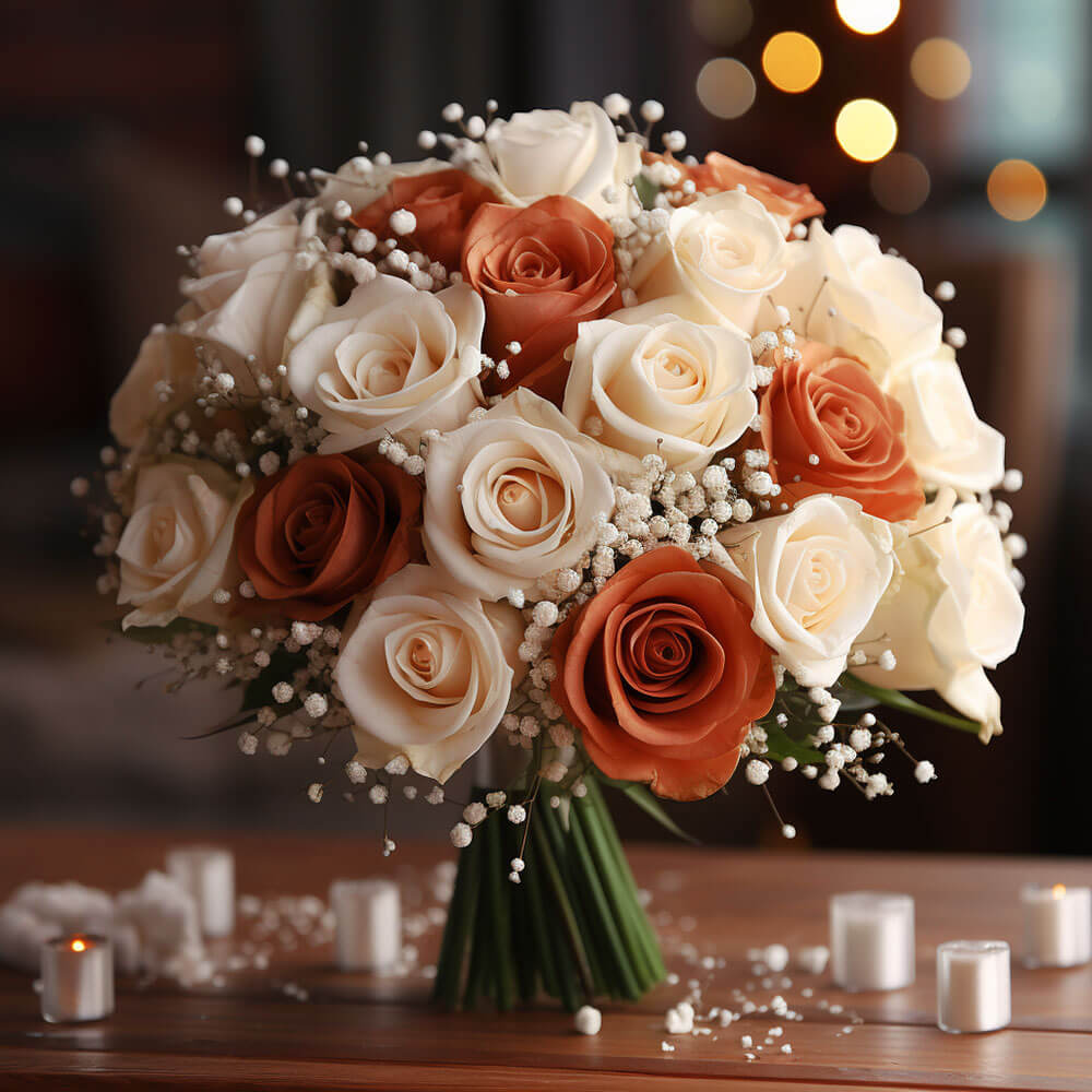 (2BDx20) Classic Terracota and Ivory Roses Table Centerpiece