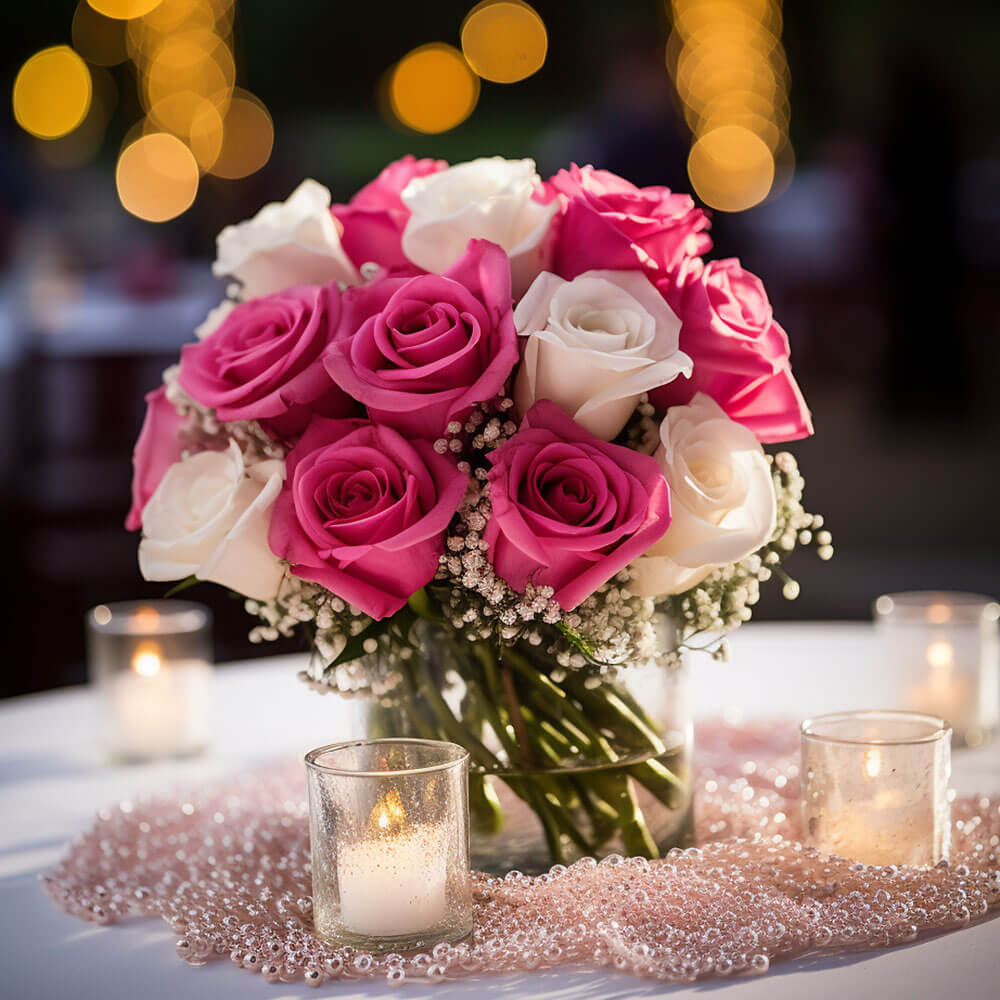 (BDx10) Classic White and Dark Pink Roses Table Centerpiece