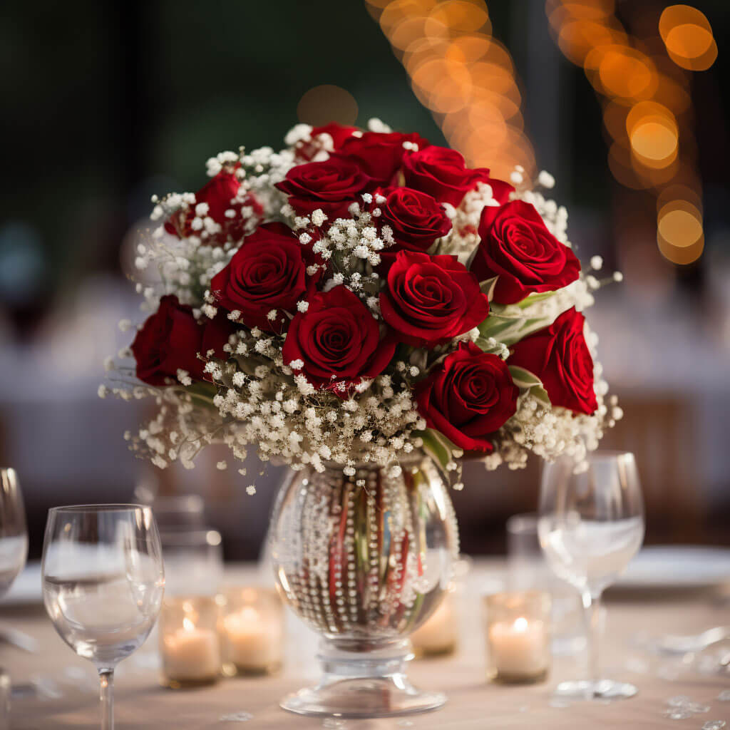 (BDx10) 3 Wedding Centerpieces 16 Roses and Gypsophilia