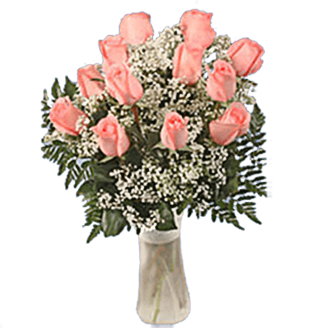 Valentine's Day Bouquet Pink Heaven 12 Pink Roses Arrangement With Vase a total of 18 flowers
