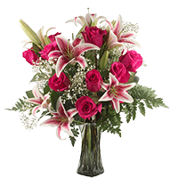 (OC) Dark Pink Rose and Lily Vase Arrangement For Delivery to Oklahoma_City, Oklahoma