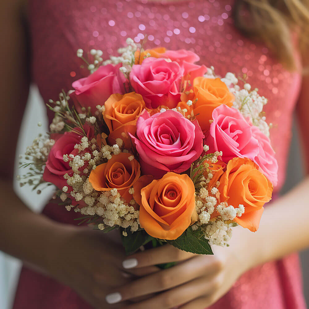 (BDx20) Classic Hot Pink and Orange Roses 6 Bridesmaids Bqts For Delivery to Faqs.Html, Missouri