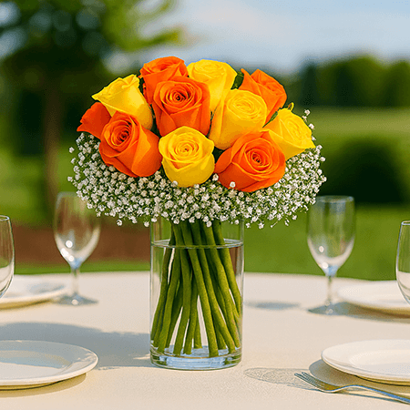 12 Vibrant Yellow and Orange Classic Wedding Rose Centerpieces 12 Vibrant Yellow and Orange Classic Wedding Rose Centerpieces