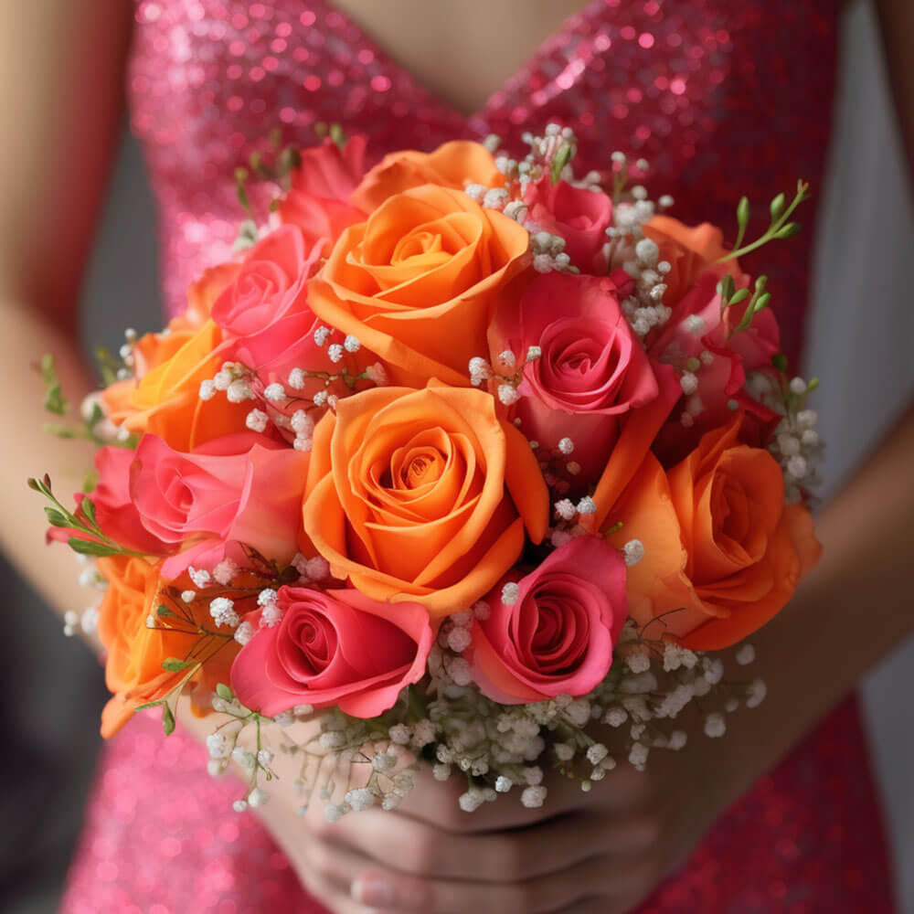 (OC-HB) Bridesmaid Bqt Classic Hot Pink Orange Roses Qty