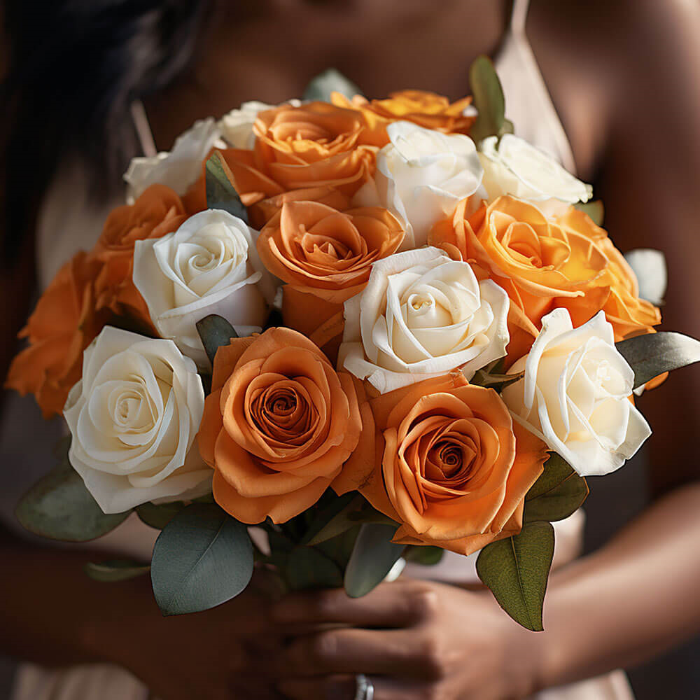 (DUO) Bridal Bqt Royal Orange and White Roses For Delivery to Greenwood, South_Carolina