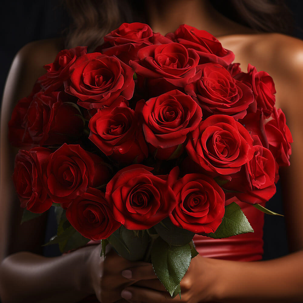 (DUO) Bridal Bqt 26 Royal Red Roses and Ruscus For Delivery to Rockwall, Texas