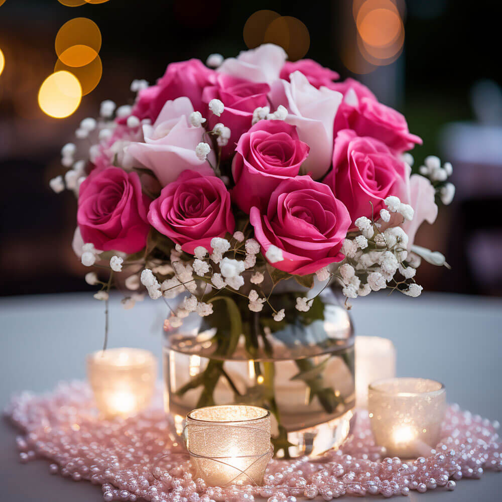 (2BDx20) CP Classic White and Dark Pink Roses 12 Centerpieces